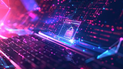 Fototapete - A low poly wireframe illustration of a lock on a laptop screen. It represents the concept of securing digital data and keeping it safe.