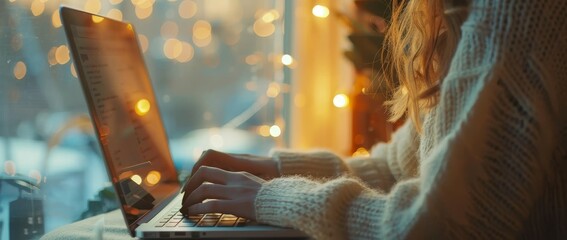 Poster - A close-up view of the hands of a Caucasian man reading latest news on a laptop computer. Freelance male is analyzing financial markets in his cozy studio apartment for clients and employers.