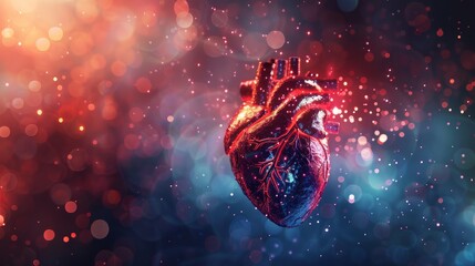 Aufkleber - Human heart in an abstract red color behind a futuristic blue guard shield. Low poly style. Geometric backgrounds. Wireframe connection structure. Modern 3D graphics.