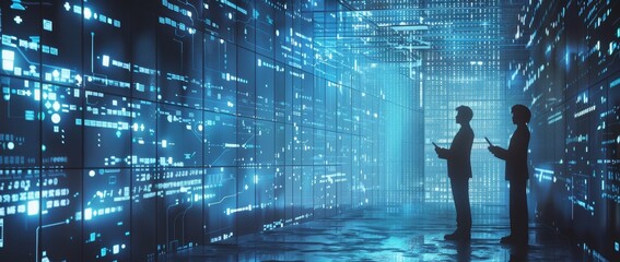 Aufkleber - An industrial engineer and an engineer use a tablet computer and big data statistics to optimize production at a high-tech electronics facility, illustrating the benefits of factory data mining