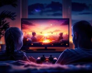 Family enjoying a video game session, modern living room, high detail, dynamic and interactive, bright and cheerful ambiance, high resolution, parents and children together