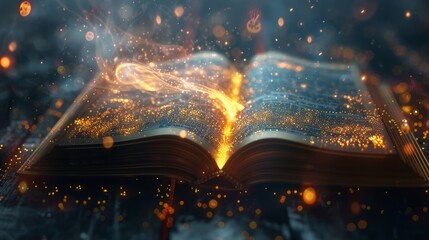 Leinwandbilder - Presented on a dark, futuristic background, the infographic and book portray the concept of e-books and e-education.