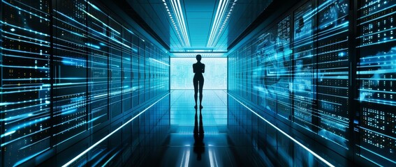 Poster - Chief Technology Officer standing in warehouse, holding laptop, streaming information into servers. Online services, cloud storage, SaaS, etc.