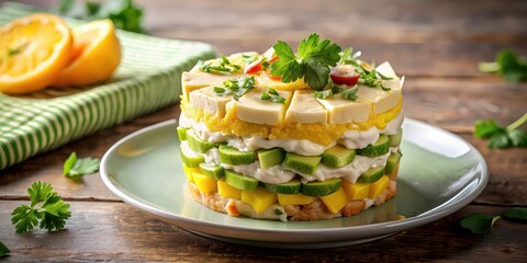 Canvas Print - Traditional Peruvian food, causa limena with layers of potato, chicken, avocado, and mayo , cuisine, Peruvian