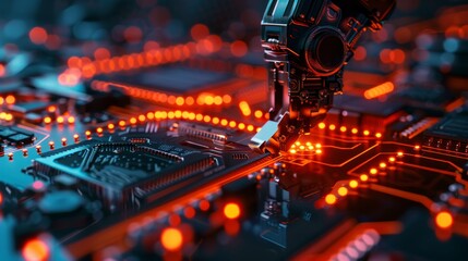 Aufkleber - Robots assemble circuit boards with chips, CPUs, and electronic components.