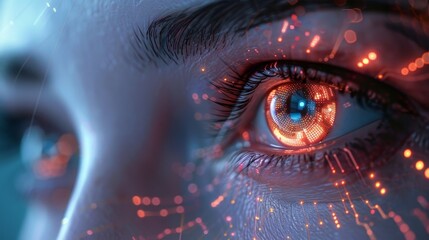 Poster - This is a concept depiction of high technology, stock, and the recognition of faces. Featured is a beautiful woman's eye with hologram surface and hud interface.
