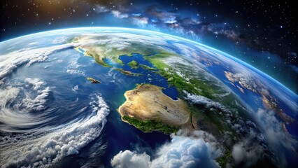 Wall Mural - Earth from space with clouds and oceans visible, planet, globe, space, atmosphere, horizon, aerial, view, satellite, blue, natural