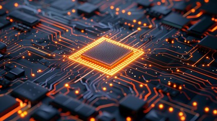 Fototapete - It is a matrix-styled digital building on an abstract technology background; it is a technological city integrated with an electronic board.