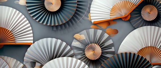 Poster - Stylish Japanese template. Geometric background with umbrella and abstract elements. Wallpaper in Chinese paper. Natural luxury.