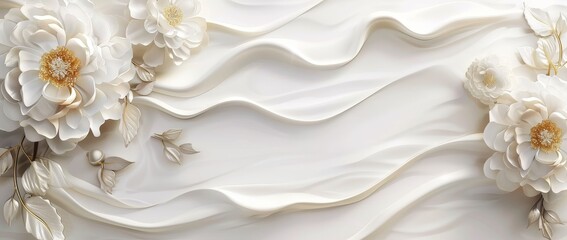 Aufkleber - Illustration of peony flowers and wave patterns using gold textures on the Chinese brush stroke template.