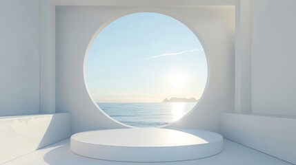 Fototapete - This 3D render background shows a geometrical shape on a podium in natural daylight. A minimalist landscape background with a sea view in summer.