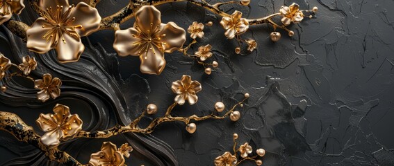 Poster - Illustration of Japanese background in gold and black with cherry blossom flower and branch decoration in vintage style. Art landscape icon and logo design.