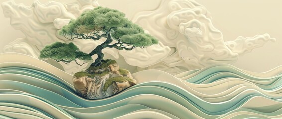 Aufkleber - An Asian icon design featuring bamboo and bonsai trees on a vintage card template. One of the most popular items in Japanese culture.