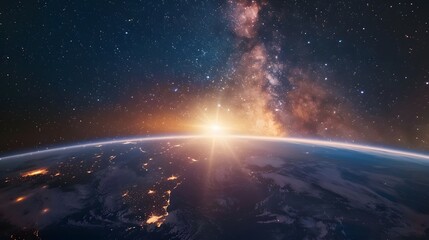 Wall Mural - Sunrise Over Earth From Space With Milky Way