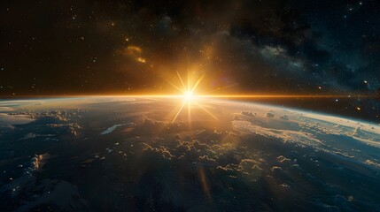 Wall Mural - Sunrise Over Earth From Space With Milky Way