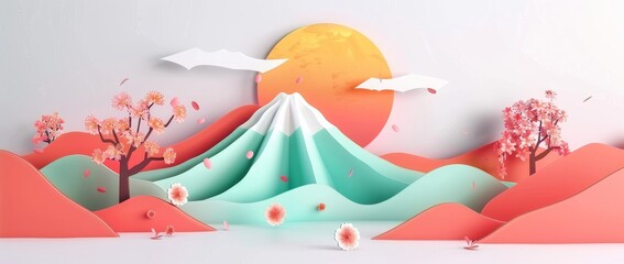 Aufkleber - Icons from Japanese traditional symbols used in modern design. Geometric logo elements decorated in vintage gold on antique objects. Fuji mountain, cherry blossom flower, bonsai, bamboo, cloud, etc.
