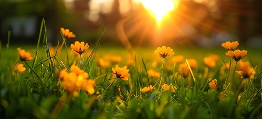 Wall Mural - Sunset Golden Flowers in Green Grass