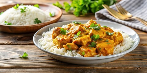 Wall Mural - Delicious chicken curry with rice served in a plate on the table, chicken, curry, rice, food, meal, plate, table, delicious