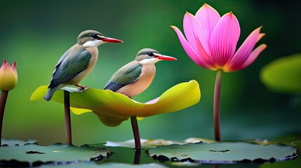 Wall Mural - two small birds stand on the petals of blooming pink lotuses 