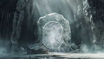 Wall Mural - stone arch portal in mountain cave with magical symbols