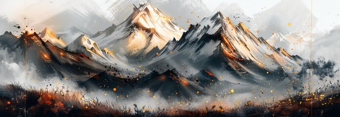 Poster - Watercolor mountain landscape with a Japanese traditional brushstroke style. Wallpaper with abstract art for prints or covers.