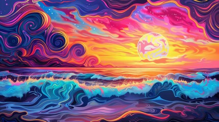 Poster - Illustrate a psychedelic sunset over a vibrant ocean, with waves that shimmer in neon colors and a sky painted with swirling, vivid hues.