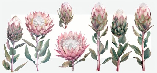 Aufkleber - Hand drawn modern illustration of protea flowers, eucalyptus and leaves.