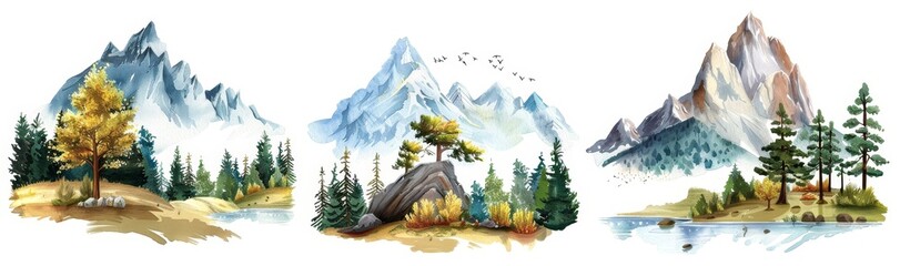 Poster - Watercolor mountain landscape in traditional oriental and Japanese style.