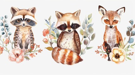 Sticker - Modern illustration of owls, raccoons, foxes, and deer in watercolours.