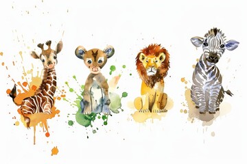 Canvas Print - A set of safari animals in watercolor style including zebra, lion, elephant, giraffe, hippopotamus, and monkey. Isolated. Stock.