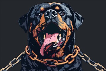 Canvas Print - A Rottweiler with sharp teeth and an open mouth. Stocked with a thick chain around its neck.