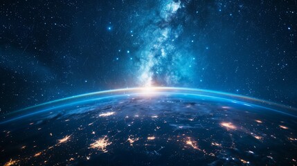 Aufkleber - A half-night and half-day view of Earth with city lights and clouds in space with stars.
