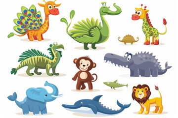 Sticker - In watercolor style, Safari Animals set includes chameleons, peacocks, elephants, flamingos, lions, storks, monkeys, dolphins, and crocodiles.