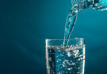 Wall Mural - Pouring Water into Glass on Blue Background