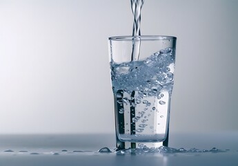 Wall Mural - Close-Up of Water Pouring into Glass with Bubbles