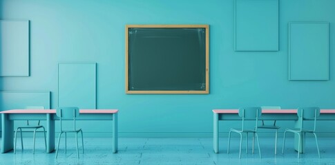 Poster - Interior of a school class with desks and chairs, blackboard with text.