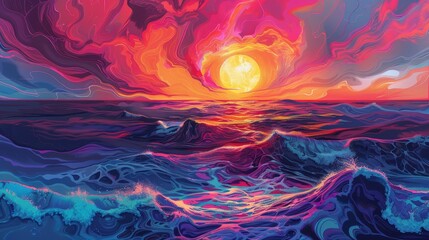Poster - Illustrate a psychedelic sunset over a vibrant ocean, with waves that shimmer in neon colors and a sky painted with swirling, vivid hues.