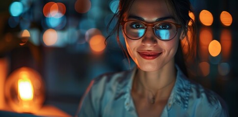 Poster - An attractive businesswoman using her laptop and posing with glasses, working at a modern office in a happy mood.