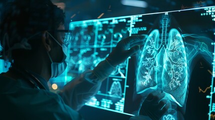 Aufkleber - An experienced Radiology Doctor diagnoses and treats Virtual Human Lungs and lung cancer on a modern interface screen. Healthcare and medicine, innovation, and medical technology are all key concepts