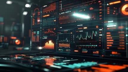 Poster - An interactive dashboard panel with blue holograms displaying circular diagrams and statistics showcases a 3D globe map and graphs of business data.