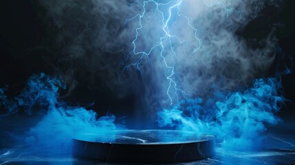 Poster - Blue lightning strikes a dark podium for product presentations