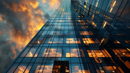 Fototapete - This is a 3D rendering of a futuristic office tower with curving windows viewed from an angle.
