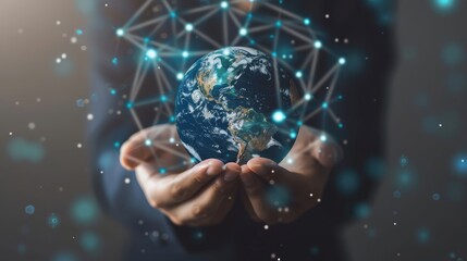 Poster - It is held by a businessman who is a businessman with a concept of this world's security in relation to communication networks, and a growing night-time earth.