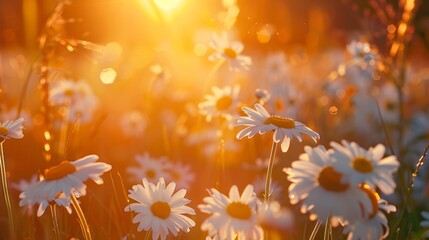 Poster - In spring sun, a daisy stands out against a blurred background. A short depth of field and bokeh add a contemporary feeling to the scene. Close-up.