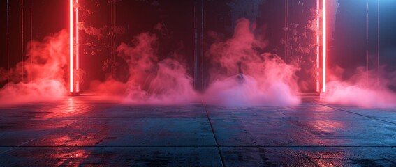 Leinwandbilder - Night view of products for display with stadium lights, smoke bombs, neon lighting, spotlights, concrete floor and studio room with smoke floating up textures.