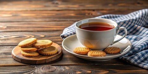 Sticker - A cozy scene of a cup of tea and plate of biscuits on a wooden table , Tea, biscuits, snack, drink, beverage, relax, cozy