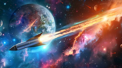 Leinwandbilder - Rocket with planets in space. Low poly style design. Abstract geometric background. Wireframe light connection structure. Modern 3D graphic concept. Isolated illustration.