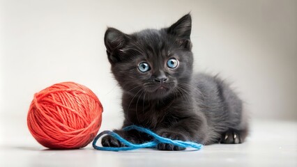 Wall Mural - Adorable little black kitten playing with a ball of yarn, cute, furry, playful, domestic animal, small, adorable, feline, whiskers