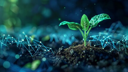 Aufkleber - A hand holds a young plant in soil. Low poly style. Blue geometric background. Wireframe light connection structure. Modern 3D graphic concept. Isolated illustration.