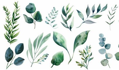 Wall Mural - Flat cartoon illustration isolated on white background - watercolor set of leaf branches. Decorative elements template.